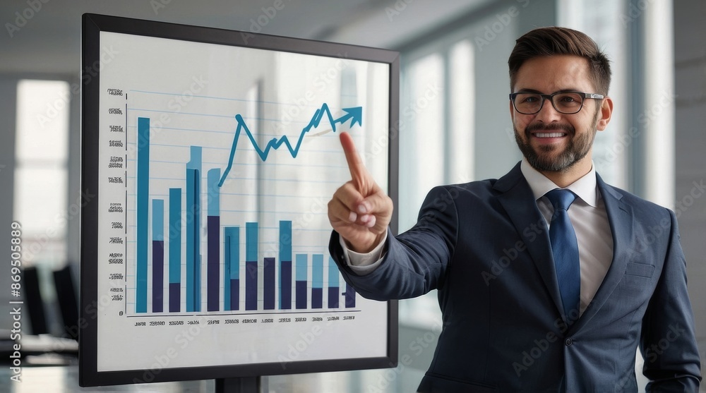 businessman showing graph on screen businessman showing graph on screen