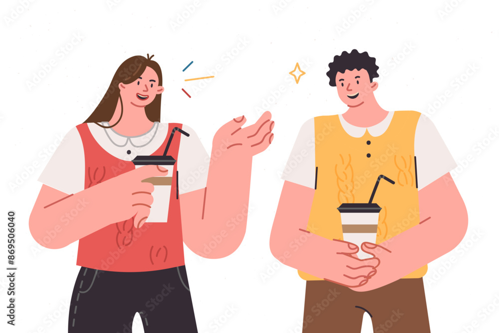 Man and woman drink takeaway coffee, hold paper cups in hands and talk, walking around city Man and woman drink takeaway coffee, hold paper cups in hands and talk, walking around city