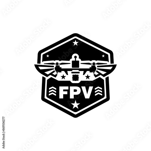 FPV drone logo. Modern bomber black icon. Isolated division stripe. Flying robot military emblem