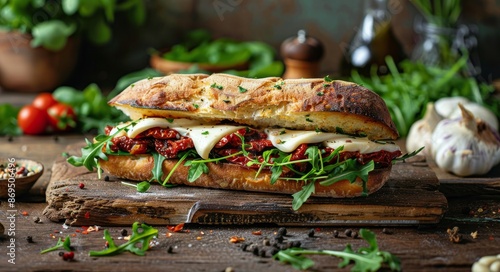Fresh Sun-Dried Tomato, Mozzarella, and Arugula Sandwich on Rustic Wooden Board