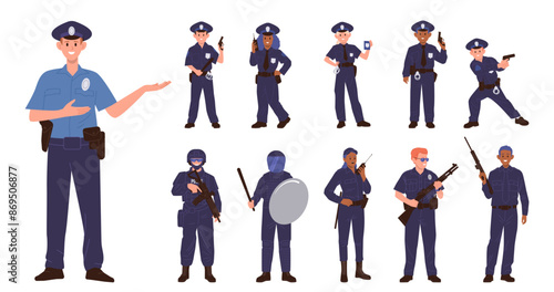 Patrolman, police man and woman, cop officer surveillance workers cartoon characters isolated set
