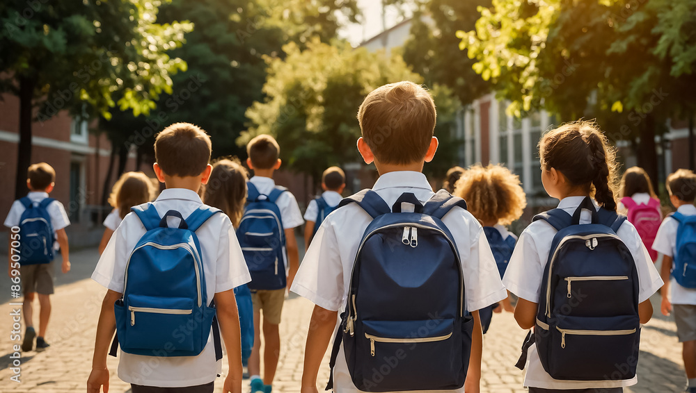 Fototapeta premium Schoolchildren with backpacks go to school