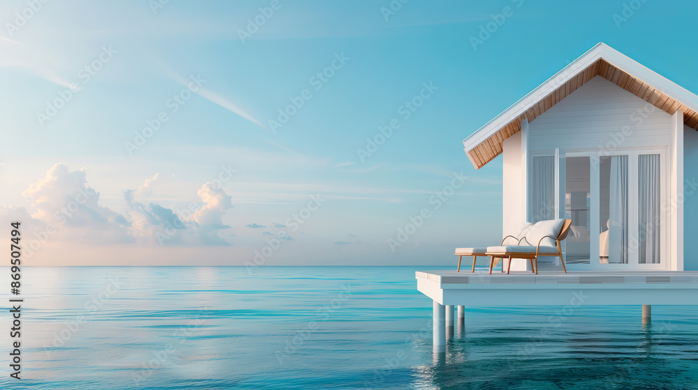 Fototapeta premium Serene overwater bungalow with a stunning view of the calm ocean during a tranquil sunset, perfect for relaxation and retreat.