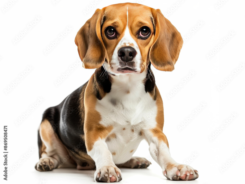 Beagle dog standing and looking up against a white background, highlighting its tricolor coat and attentive expression. Beagle dog standing and looking up against a white background, highlighting its tricolor coat and attentive expression.