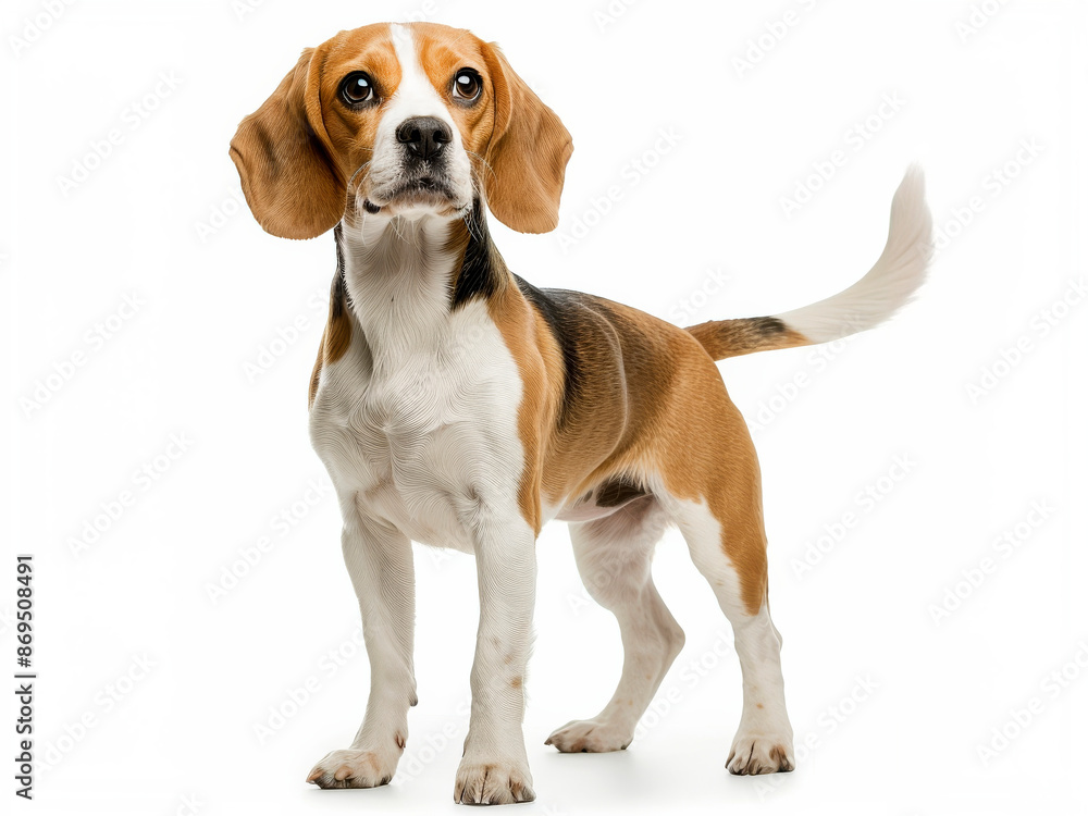 Beagle dog standing and looking up against a white background, highlighting its tricolor coat and attentive expression.