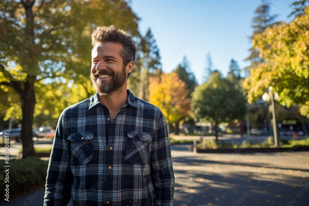 Portrait of a jovial man in his 30s dressed in a relaxed flannel shirt in front of vibrant city park Portrait of a jovial man in his 30s dressed in a relaxed flannel shirt in front of vibrant city park