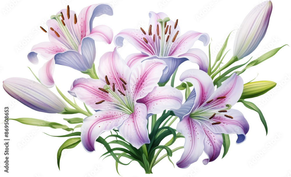 Obraz premium A delicate bouquet of white lilies with pink stripes, symbolizing purity, elegance, and grace. Perfect for spring, wedding, or floral designs.