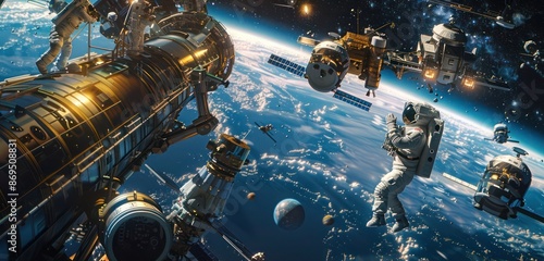 Fototapeta Naklejka Na Ścianę i Meble -  Futuristic scene of an orbital space station with astronauts and spacecrafts against the backdrop of Earth.