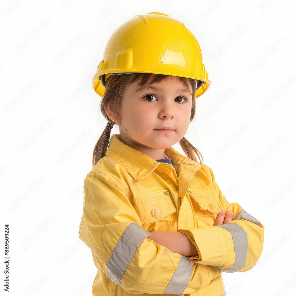 cute little professional engineer standing , looking directly at the camera with an attentive expression isolated on white background cute little professional engineer standing , looking directly at the camera with an attentive expression isolated on white background