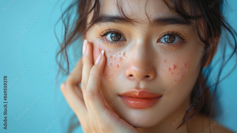 Close-up face of woman worry about acne and easily irritated skin conditions. sensitive skin and skin care concept. Close-up face of woman worry about acne and easily irritated skin conditions. sensitive skin and skin care concept.