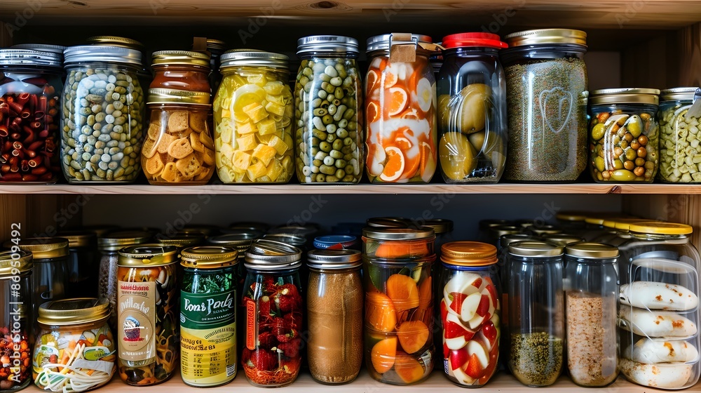 Neatly Organized Pantry Shelf with Canned Foods and Groceries Displayed in Aerial View long title This image showcases a well organized pantry shelf Neatly Organized Pantry Shelf with Canned Foods and Groceries Displayed in Aerial View long title This image showcases a well organized pantry shelf
