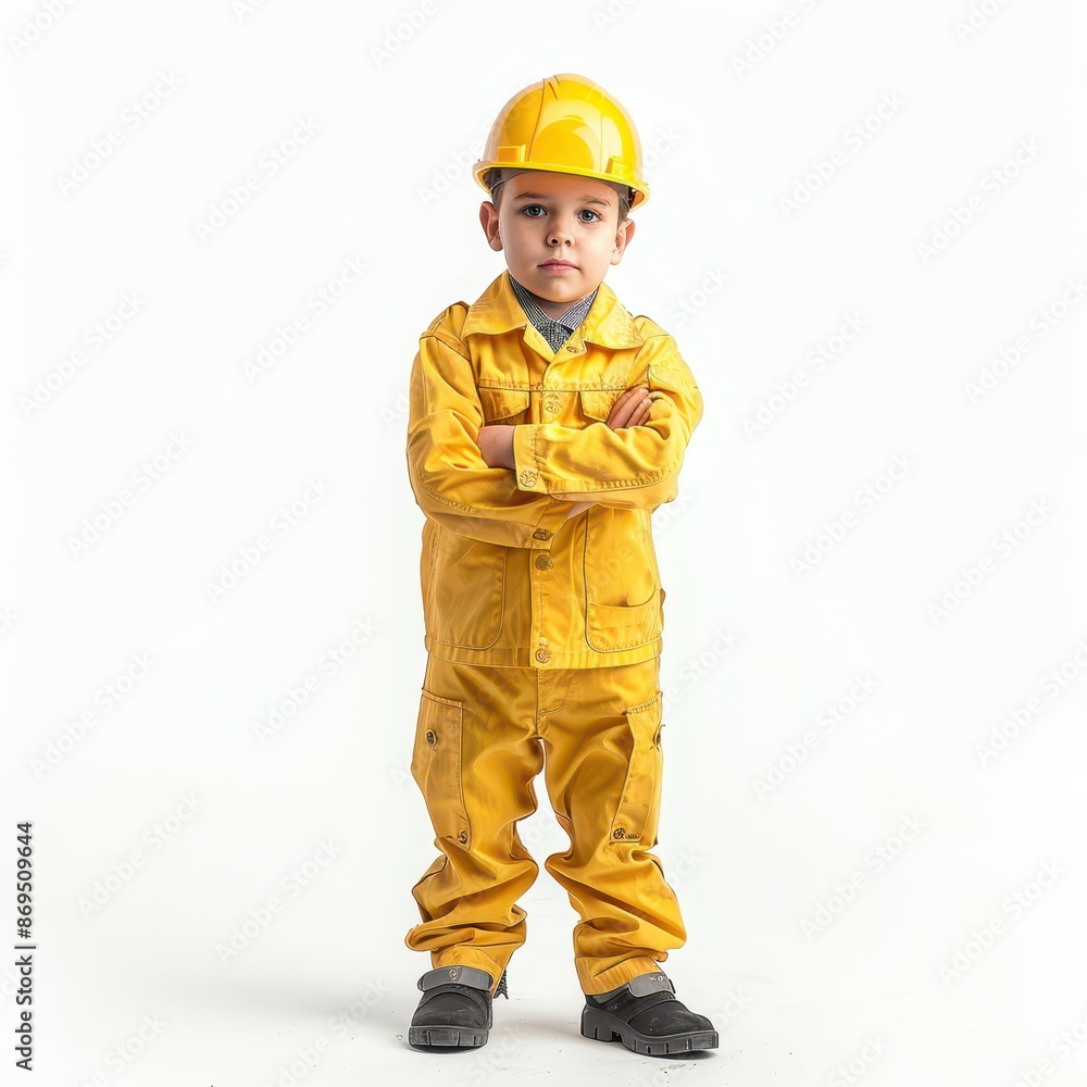 cute little professional engineer standing , looking directly at the camera with an attentive expression isolated on white background cute little professional engineer standing , looking directly at the camera with an attentive expression isolated on white background