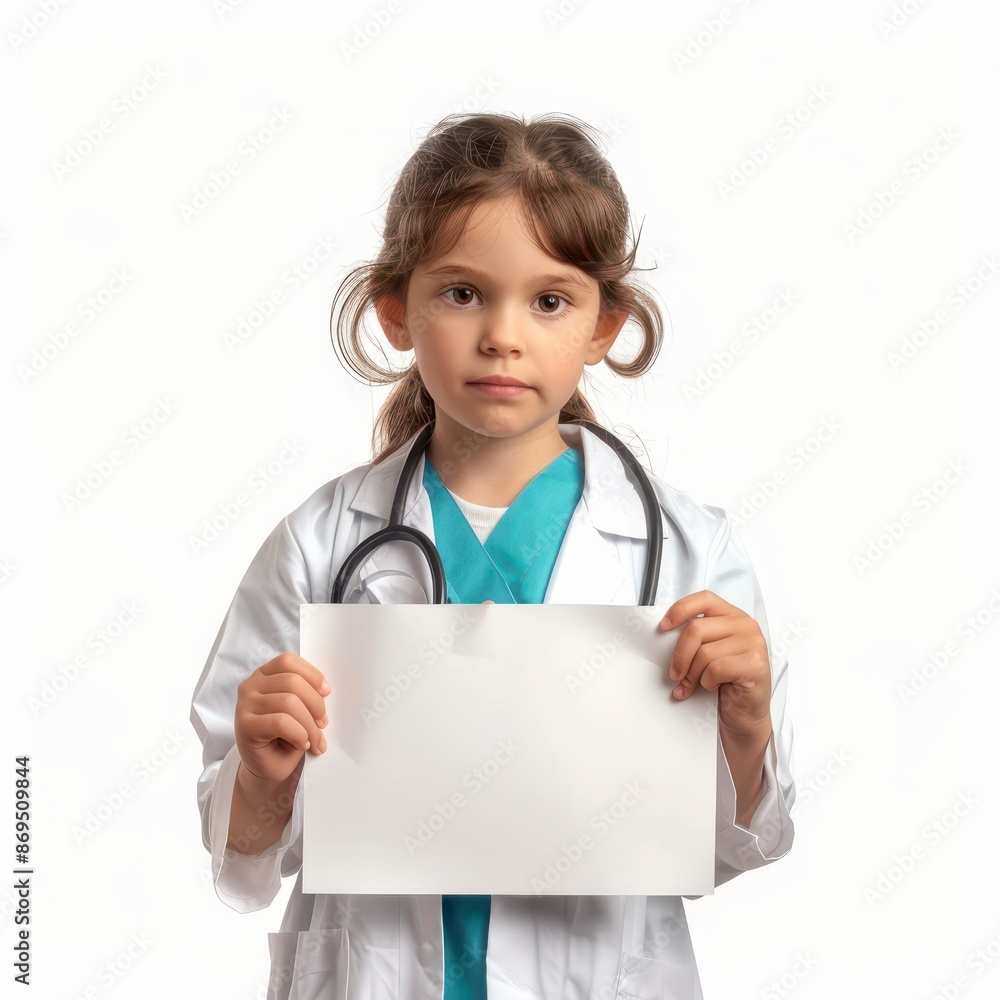 cute little professional Medical assistant standing and hand holds a white acrylic sheet, looking directly at the camera with an attentive expression isolated on white background cute little professional Medical assistant standing and hand holds a white acrylic sheet, looking directly at the camera with an attentive expression isolated on white background