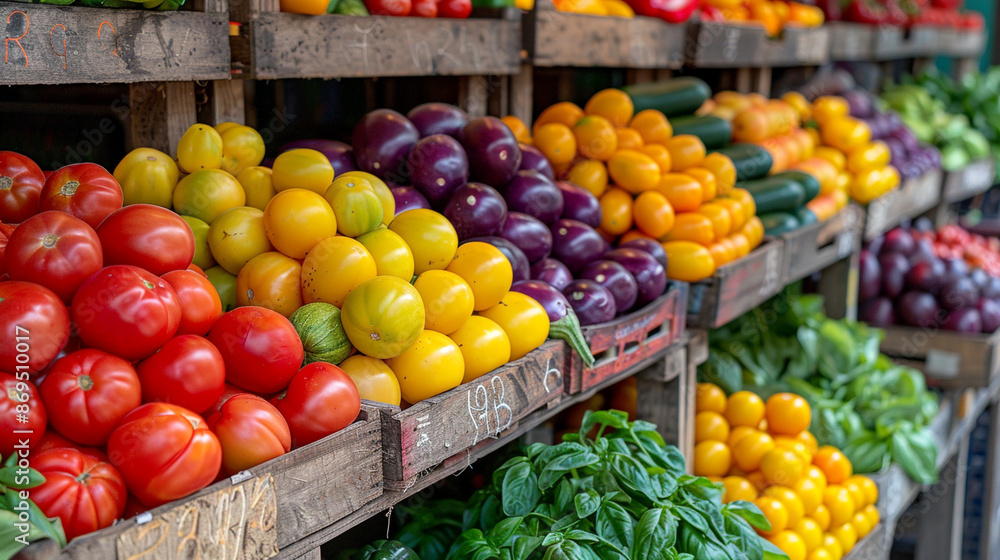 Colorful display of fresh vegetables at a farmers market, showcasing a variety of vibrant, organic produce including tomatoes, peppers, eggplants, and greens Colorful display of fresh vegetables at a farmers market, showcasing a variety of vibrant, organic produce including tomatoes, peppers, eggplants, and greens