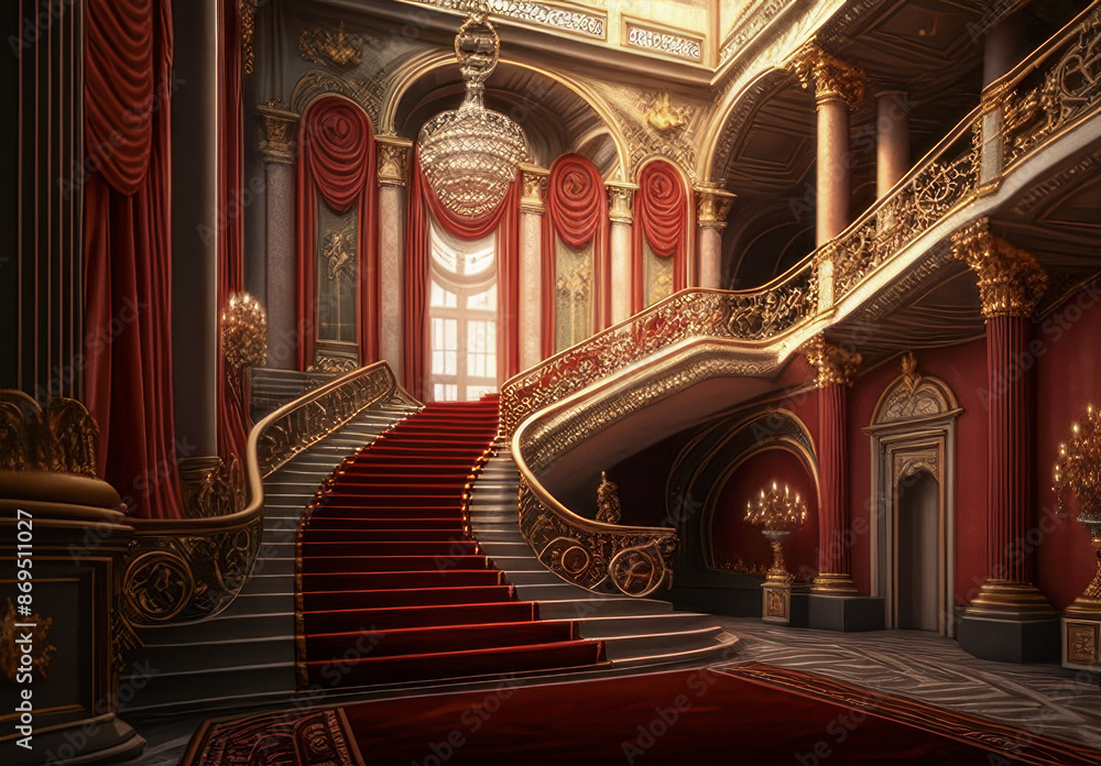 Obraz premium Grand staircase with red carpet and ornate gold details