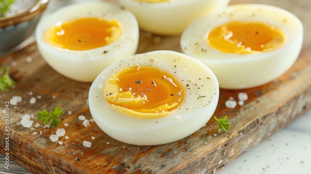 Close up of four perfectly boiled eggs on a wooden cutting board with salt and pepper. Close up of four perfectly boiled eggs on a wooden cutting board with salt and pepper.