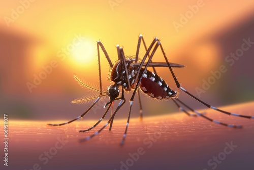 Close-up of a mosquito feeding on human skin at sunset. photo