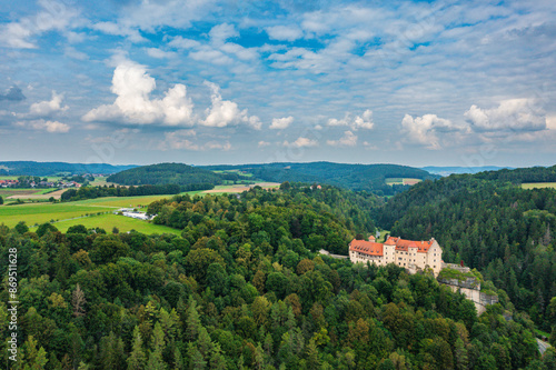 Bird's eye view of Rabenstein Castle in the Ailsbach Valley in Franconian Switzerland