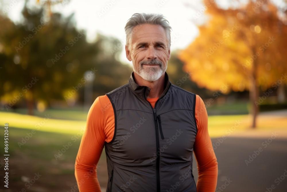 Obraz premium Portrait of a content man in his 50s wearing a lightweight running vest isolated in vibrant city park