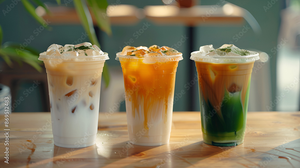 Three Iced Beverages: Coffee, Thai Tea, and Milk Green Tea Three Iced Beverages: Coffee, Thai Tea, and Milk Green Tea