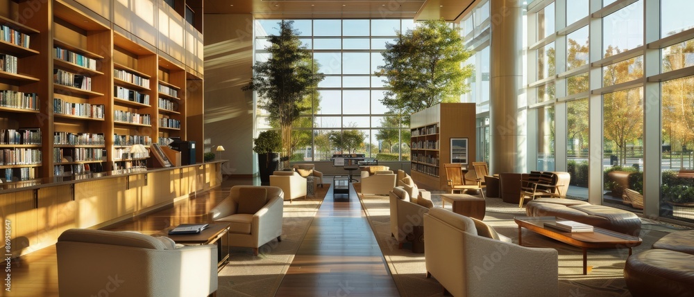 Modern library interior with comfortable seating, natural light, and ...