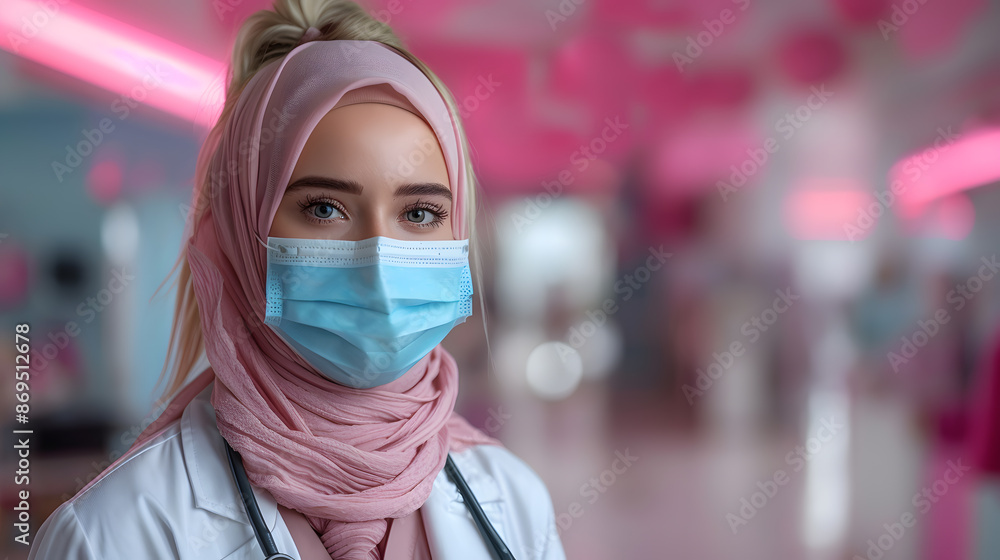 Muslim woman doctor wearing medical mask, muslim girl wearing mask for viral infection