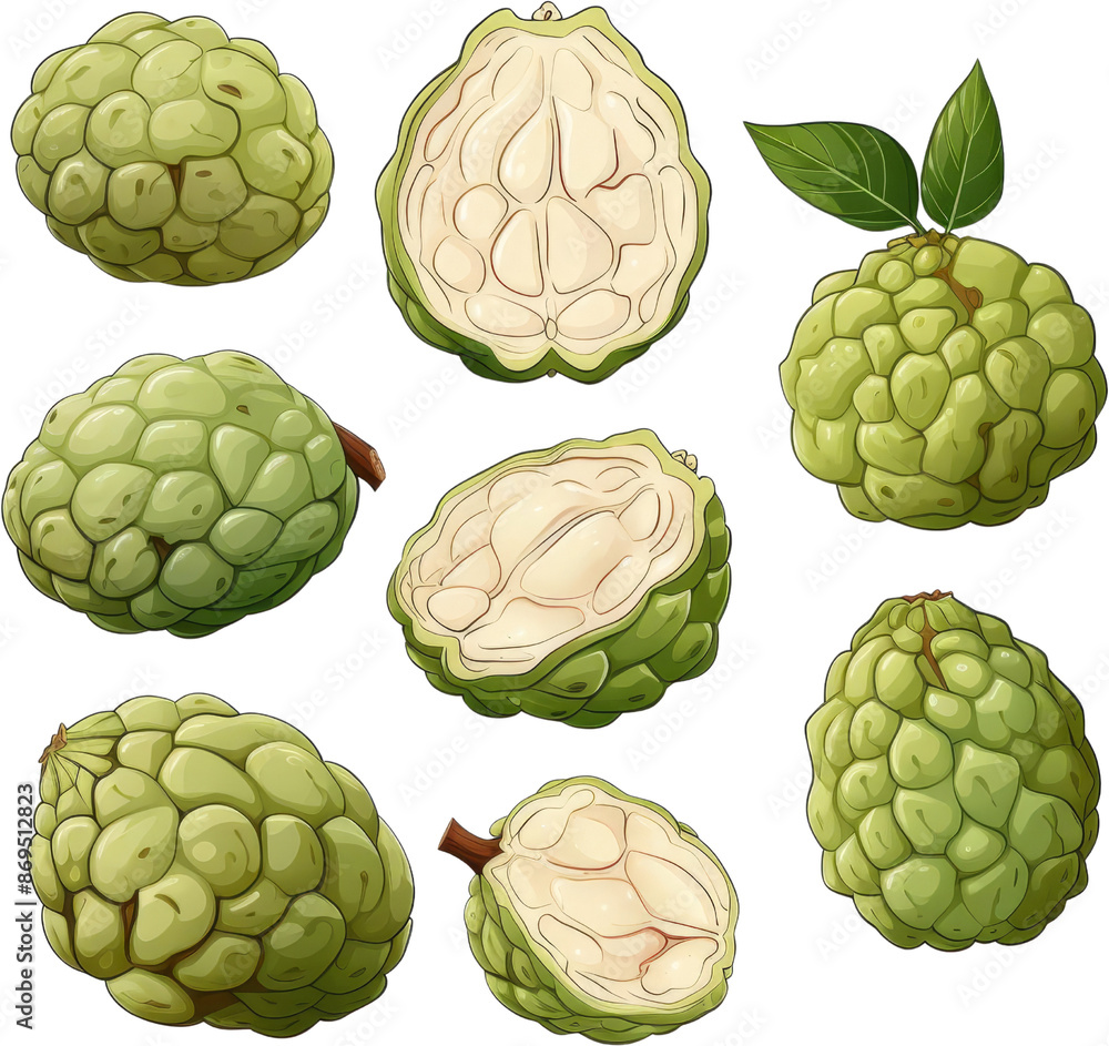 A collection of whole and cut sugar-apple fruits A collection of whole and cut sugar-apple fruits