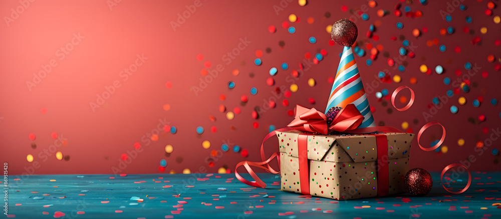 Obraz premium red background featuring colorful balloons and blank ribbon label, realistic vector for birthday celebrations.