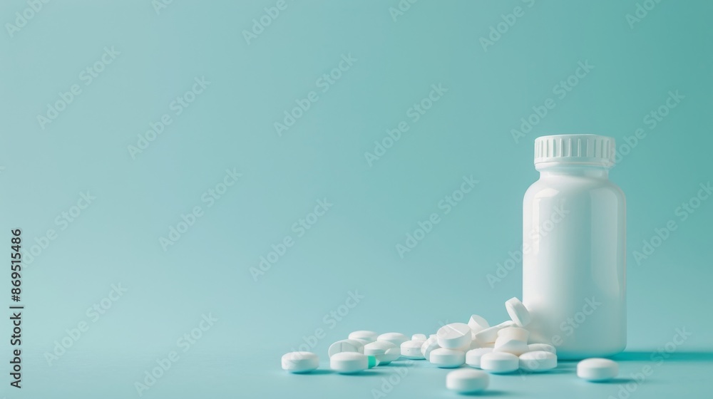 White Pills Spilled from a Bottle on a Blue Background White Pills Spilled from a Bottle on a Blue Background
