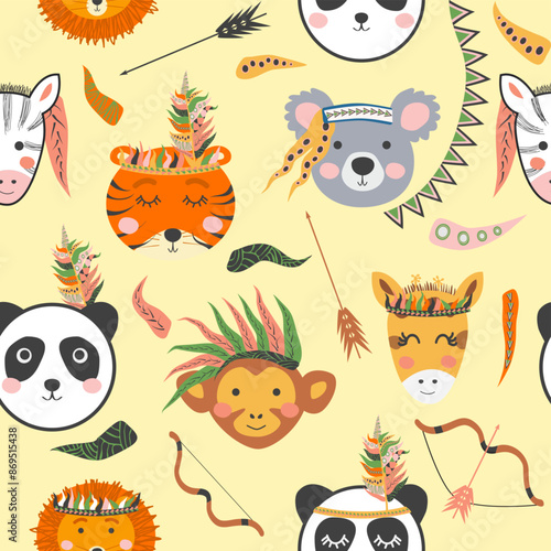 Wallpaper Mural Seamless baby pattern with cute tribal animal faces. Illustration in Scandinavian style, Indians with feathers and bows Torontodigital.ca