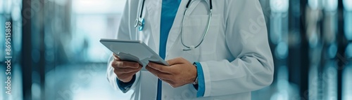 Clinical trial coordinator reviewing patient data on a tablet, photorealistic, high detail