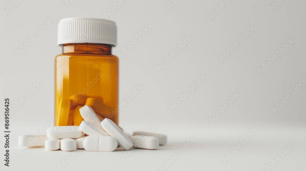 Pill Bottle and White Pills on a White Surface Pill Bottle and White Pills on a White Surface