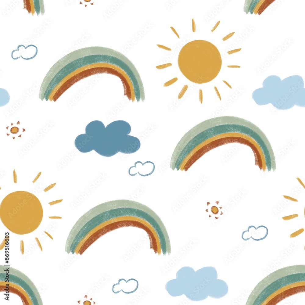 Obraz premium Cute seamless pattern with rainbow, sun and clouds on white background 