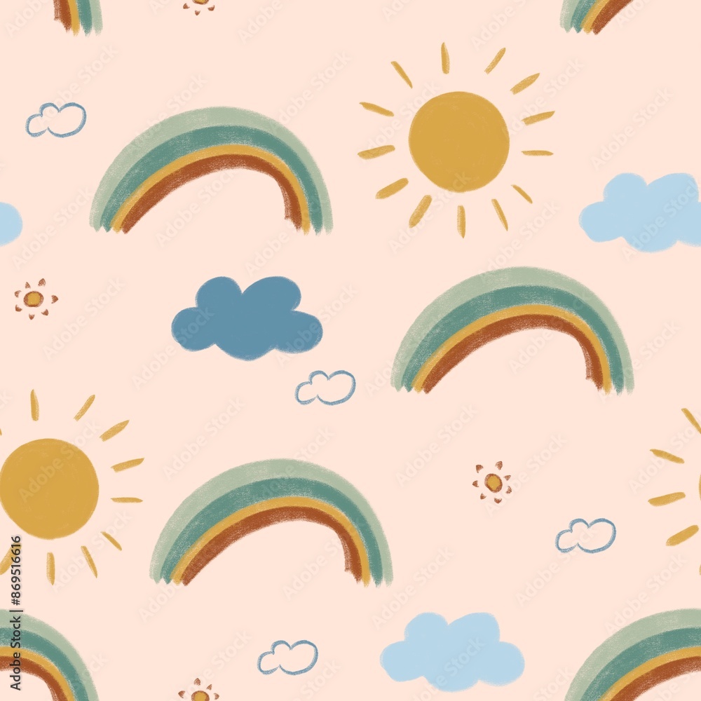 Cute seamless pattern with rainbow, sun and clouds Cute seamless pattern with rainbow, sun and clouds