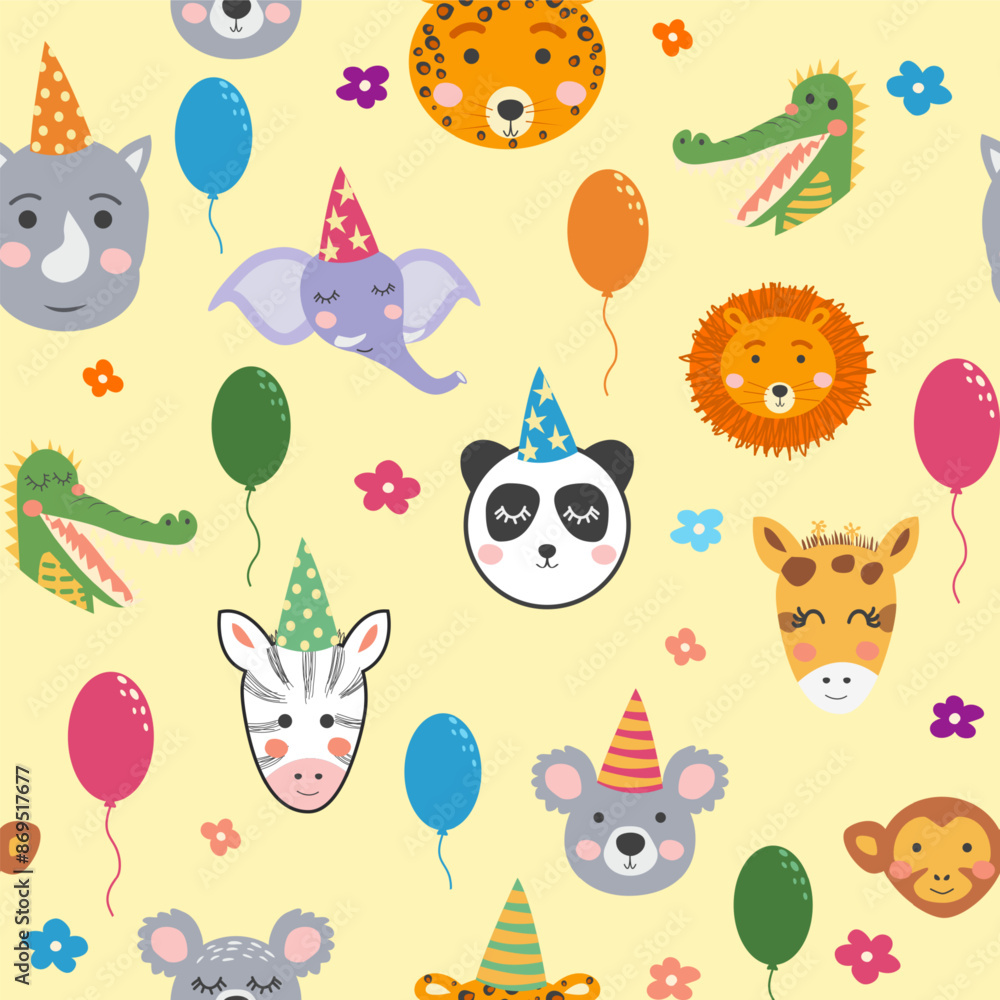Naklejka premium Seamless pattern with cute animal faces. Holiday illustration, birthday, balls, caps.