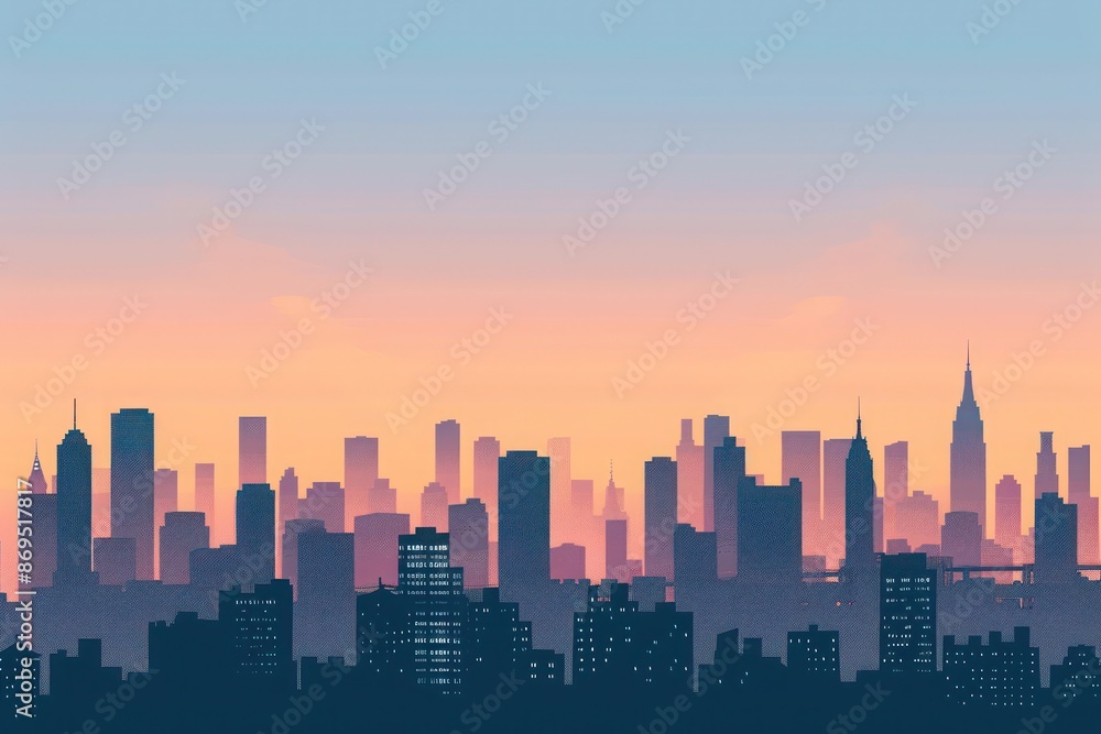 Fototapeta premium Minimalist urban skyline at sunset, with silhouette buildings and a gradient sky.