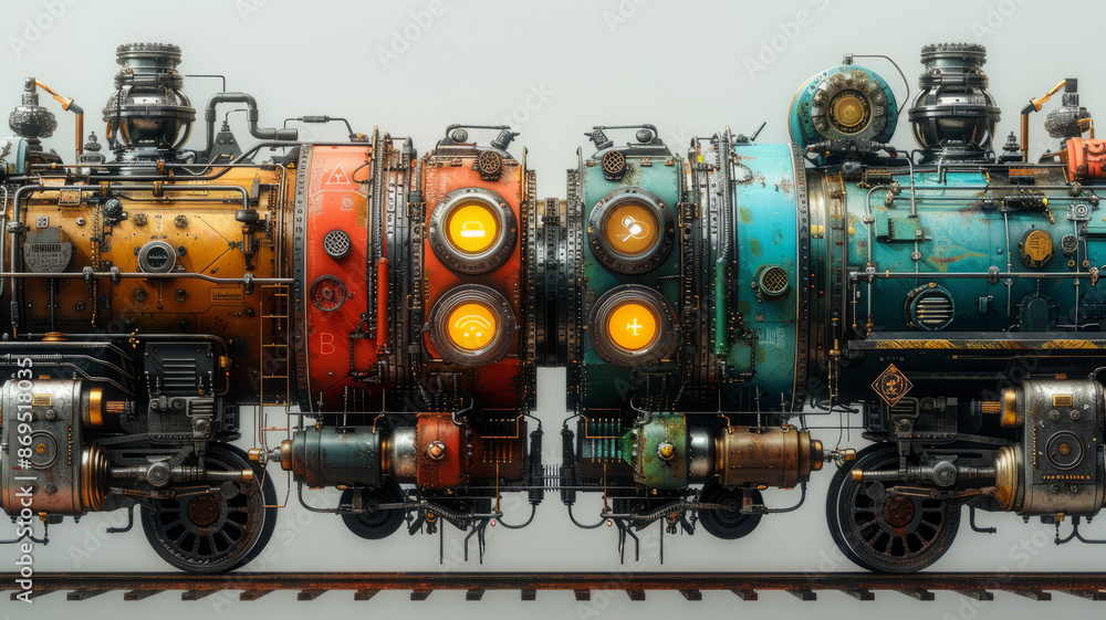 General purpose technology, as a 4 parts picture with 4 elements representing: steam engine, electricity, internet, and AI, white background,generative ai General purpose technology, as a 4 parts picture with 4 elements representing: steam engine, electricity, internet, and AI, white background,generative ai