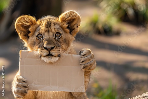 A cute lion cub holds a blank cardboard sign, perfect for your message. photo