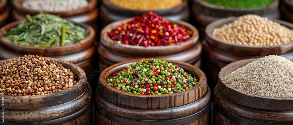 Close-up of various spices in wooden bowls, including colorful peppercorns, seeds, and herbs. A vibrant display of spices. Close-up of various spices in wooden bowls, including colorful peppercorns, seeds, and herbs. A vibrant display of spices.