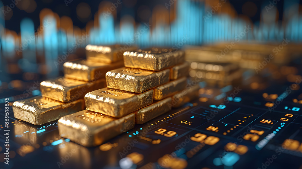 Gold bar resting on a stocks and shares graph Gold bar resting on a stocks and shares graph
