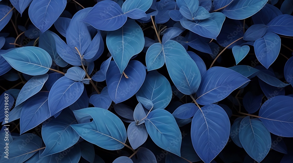 Beautiful blue plant leaves in the nature in fall season, blue background Beautiful blue plant leaves in the nature in fall season, blue background