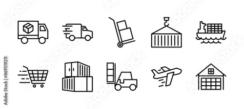 Cargo thin line icon set. Containing package shipping truck, fast delivery, handcart, cart, plane, container, warehouse or storage, forklift. Vector illustration