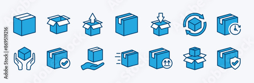 Set of package box icon vector. Containing open cardboard, fast delivery box, container, parcel protection, storage, good packing, fragile, wrapped, offer, processed, product shipping, merchandise