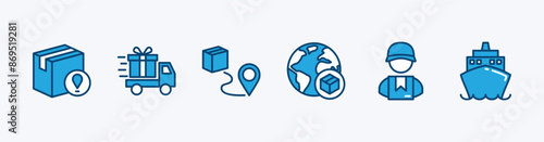 Set of shipping icon. Containing location map pin, package delivery truck, route, courier, ship, global or international. Vector illustration