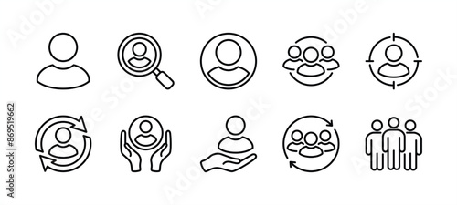 Client, consumer, user, human, people, employee thin line icon vector set. Containing human resource, searching, target, care, update or progress, group, team, leadership, teamwork, recruitment
