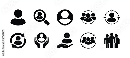 Client, consumer, user, human, people, employee icon set. Containing human resource, searching, target, care, update or progress, group, team, leadership, teamwork, recruitment. Vector illustration