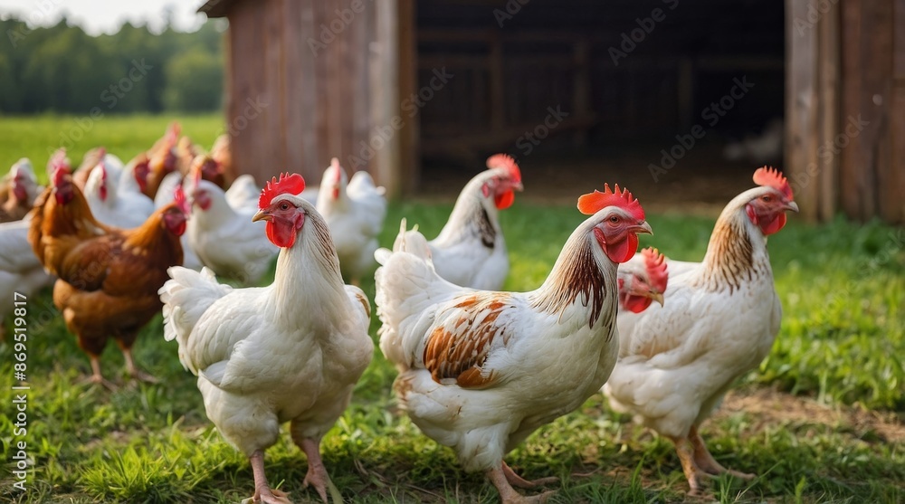 Fototapeta premium Photo adult woman group of chickens on the farm