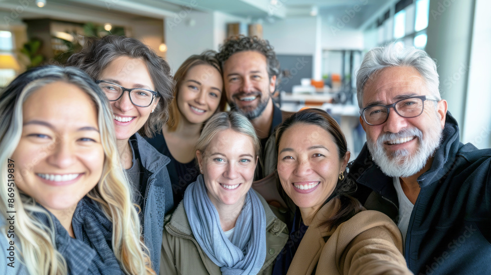 A group of eight people, a mix of men and women, smiling for a selfie in an office building A group of eight people, a mix of men and women, smiling for a selfie in an office building