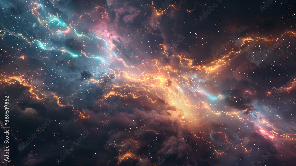 Fototapeta premium Serene yet powerful portrayal of electric currents as glowing lines intertwine and dance amidst the splendor of the cosmic panorama.