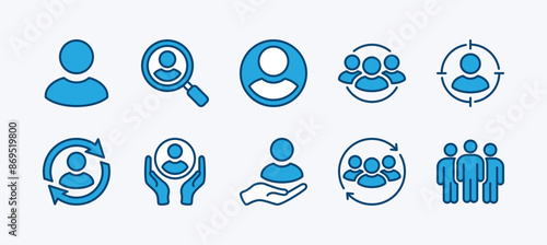 Set of client, consumer, user, human, people, employee icon. Containing human resource, searching, target, care, update or progress, group, team, leadership, teamwork, recruitment. Vector illustration